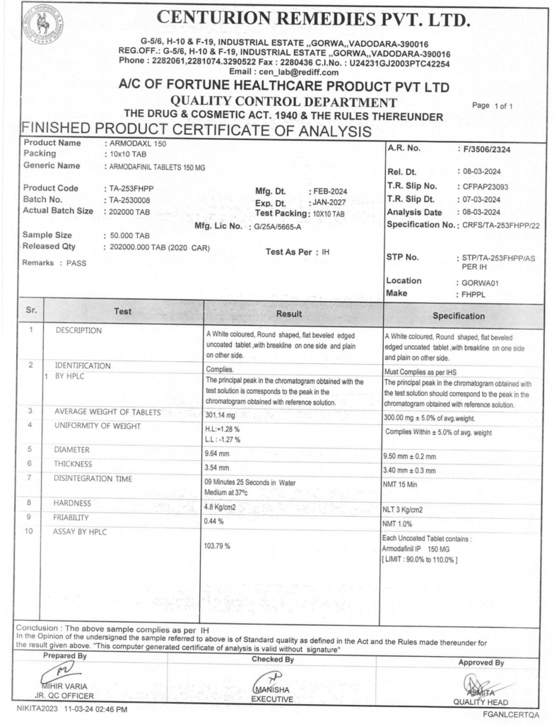 ArmodaXL 150mg Quality Certificate